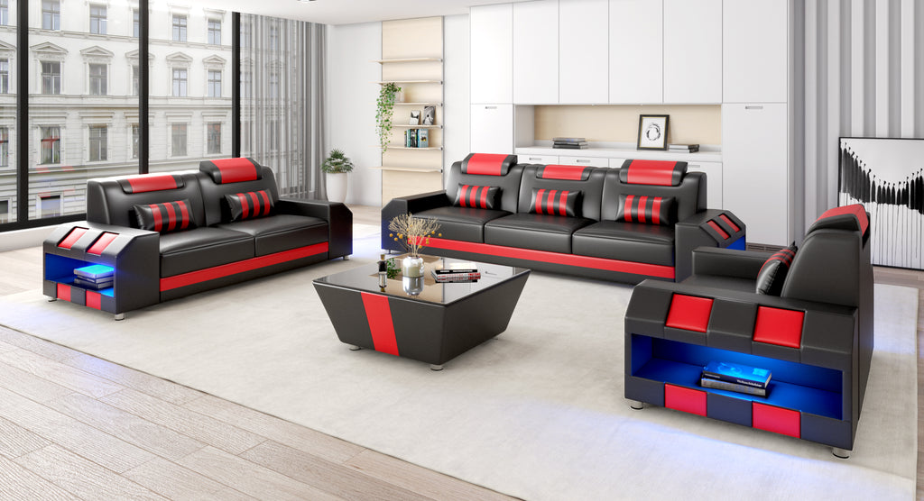 Cosmo LED Leather Sofa Set - Modern 3-Piece Living Room Set with Mood Lighting