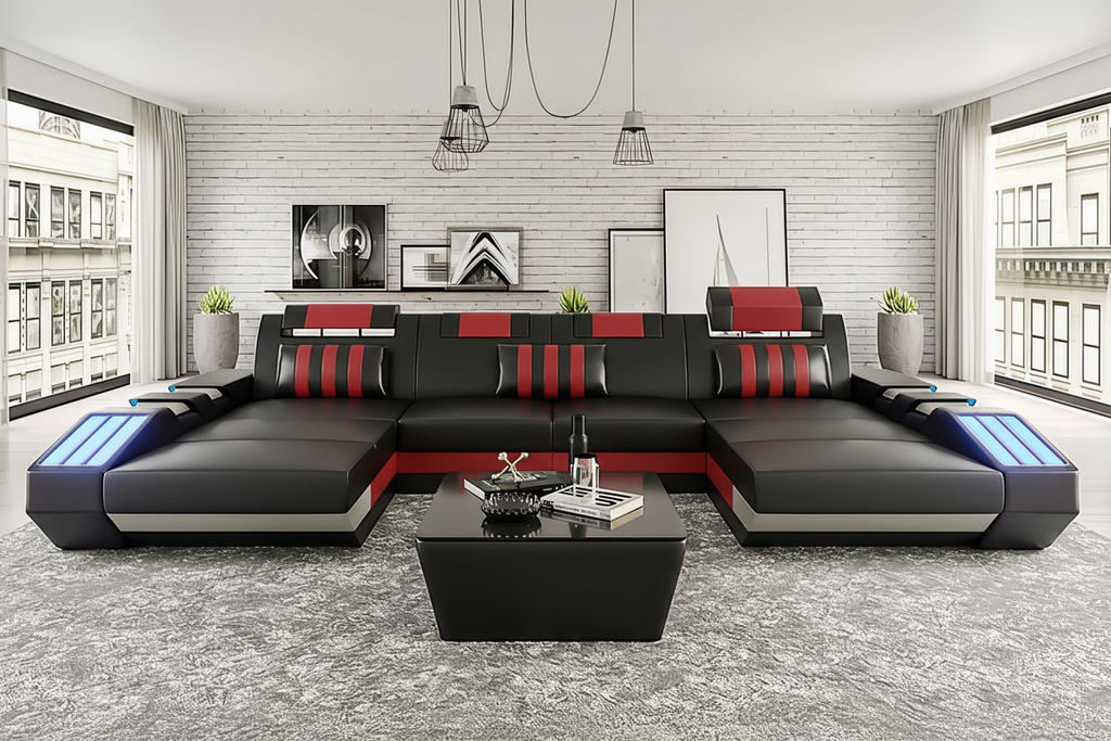 Cosmo U Shape Modern Leather Sectional with LED - Spacious Living Room