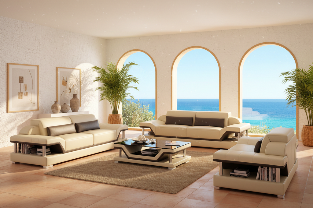 Taliya Leather Sofa Set with Adjustable Headrest - Mediterranean Coastal Villa